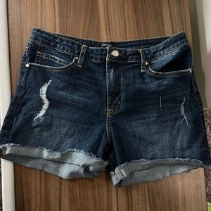 Women’s lightly distressed dark jean shorts